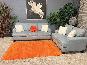 Very Pretty Light Blue Couch & Love Seat Living Room Set - Delivery Available