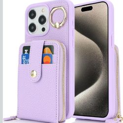 iPhone 16 Pro  Case with Card Holder,for iPhone 16 Pro Wallet Case for Women Men,PU Leather Zipper Stand Ring Phone Case with Coin Pocket-Purpl