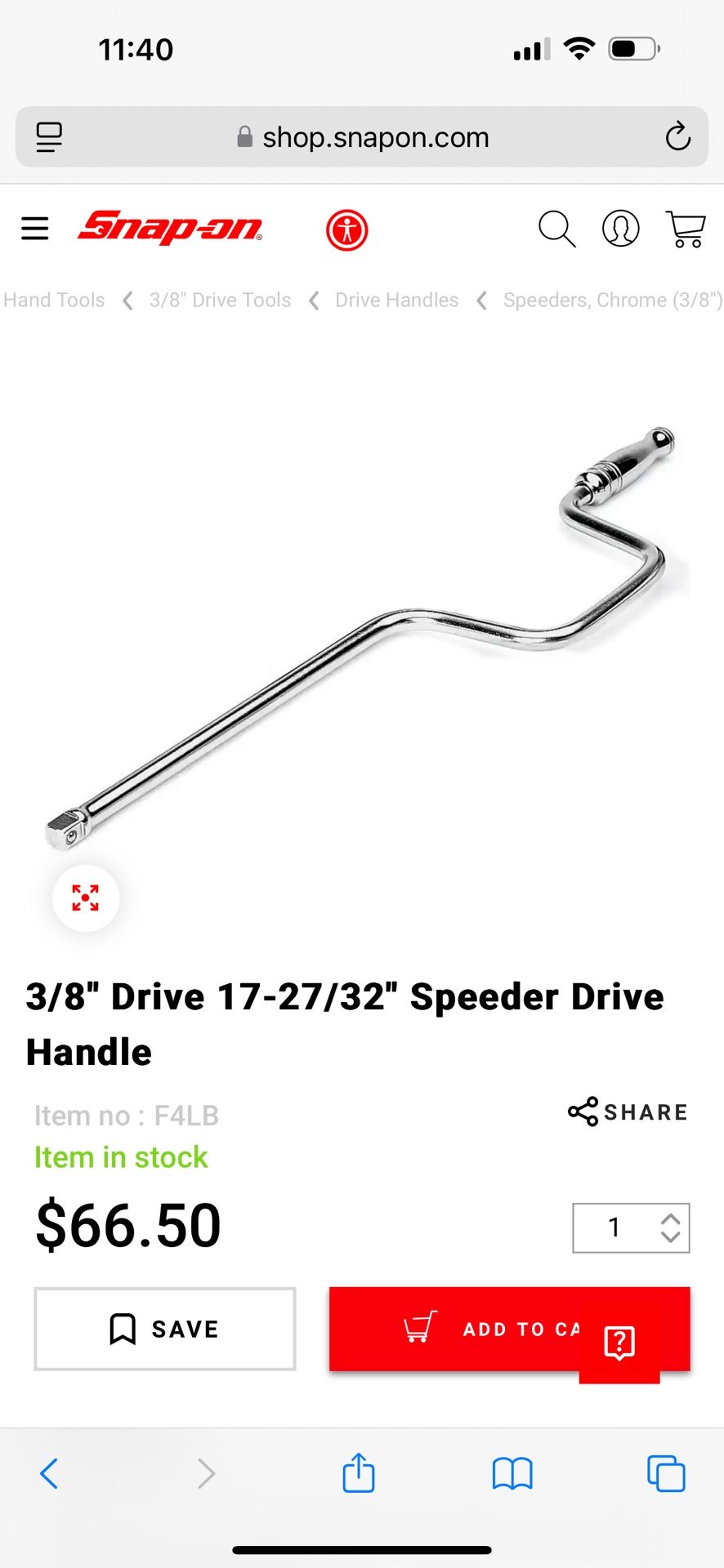 Snap On Tools 3/8 Speeder Handle