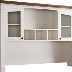 Farmhouse Hutch for 60" Executive Desk, Office Desk Storage Cabinet with Glass Doors and Shelves, Top Hutch Organizer for Home Office - Antique White