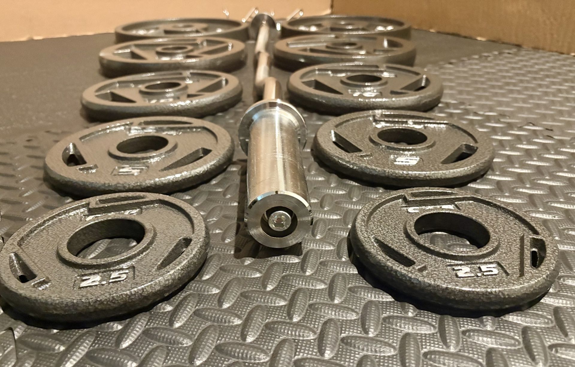 BRAND NEW Olympic Curl Bar With Cast Iron Weight Plates; 35#, 25#, 10#, 5 and 2.5# (170 pounds)