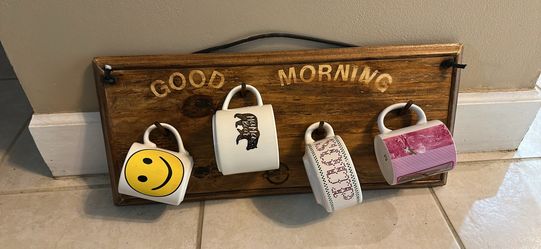 Handmade Wooden Wall Mounted Cup Holder 23” x 9.5”. It holds 4 Cups.