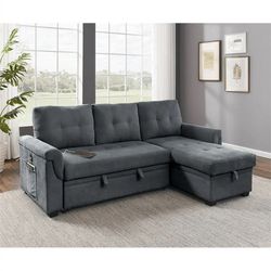 Tufted Dark Gray L Sectional 🛏️ USB Port Pull Out Bed Storage Underneath New In Box 📦 