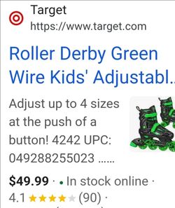Roller Derby Green  Wire Kids Adjustable  size 4 to 6