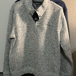 2 Eddie Bauer Men's Heavyweight Radiator Fleece Quarter Snap Pullover, Light Grey & Blue, Large 