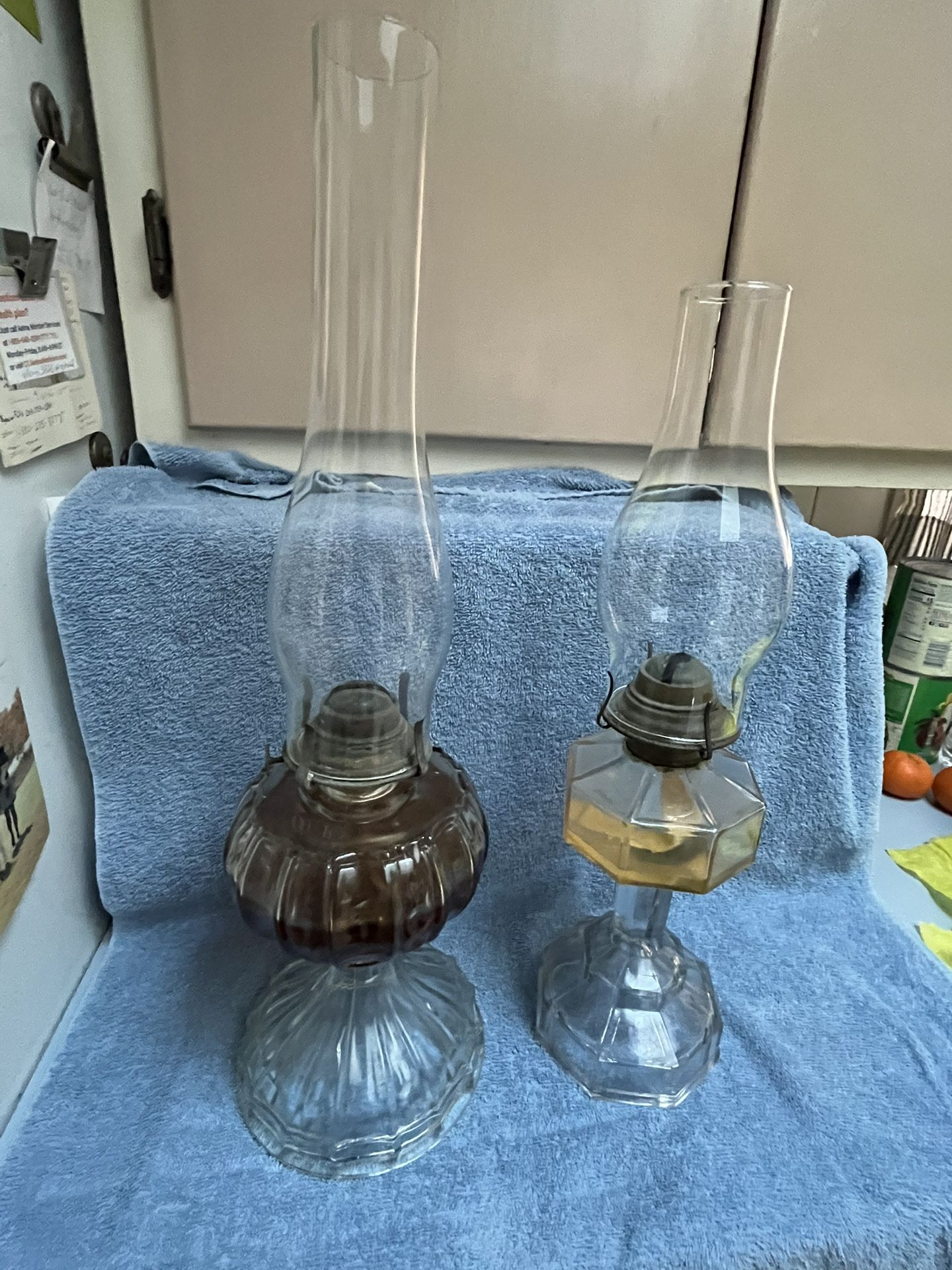Two Antique Hurricane oil lamps glass