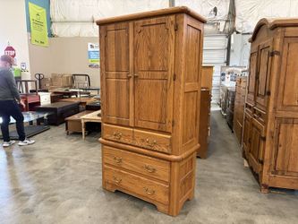 Vintage Solid Oak 4 Drawer Armoire with Brass and Wood Swing Pulls