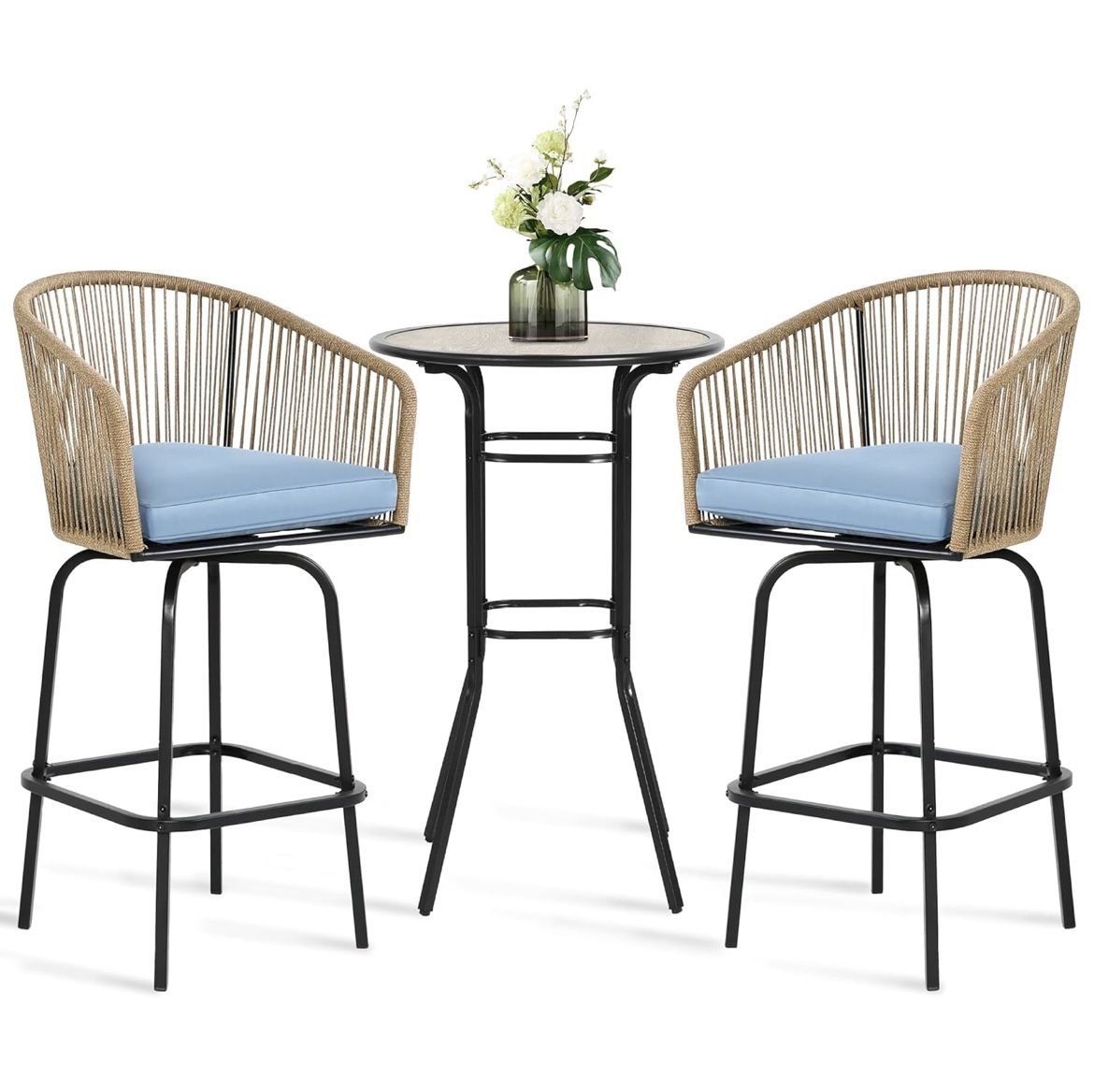 Assembled New Outdoor Bar Stools 3-Piece Set,2 Handwoven PE Rope Patio Bar Chairs