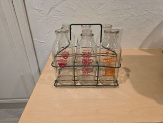 Vintage Glass Milk Bottles with Wire Carrier