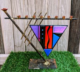 Gary Rosenthal Triangular Art Deco Menorah (2004) Glass/Steel