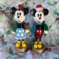 Disney Wood Nutcrackers Mickey & Minnie Mouse 14” Statuettes Christmas Decor
