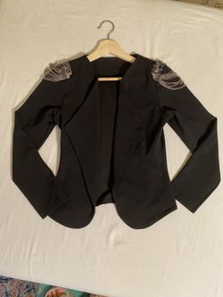 Handmade Elegant Black Open Front Blazer Beaded Shoulder Details Women’s Sz S