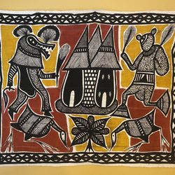 Vintage African Korhogo Wall Hanging – Tribal Masked Dancers