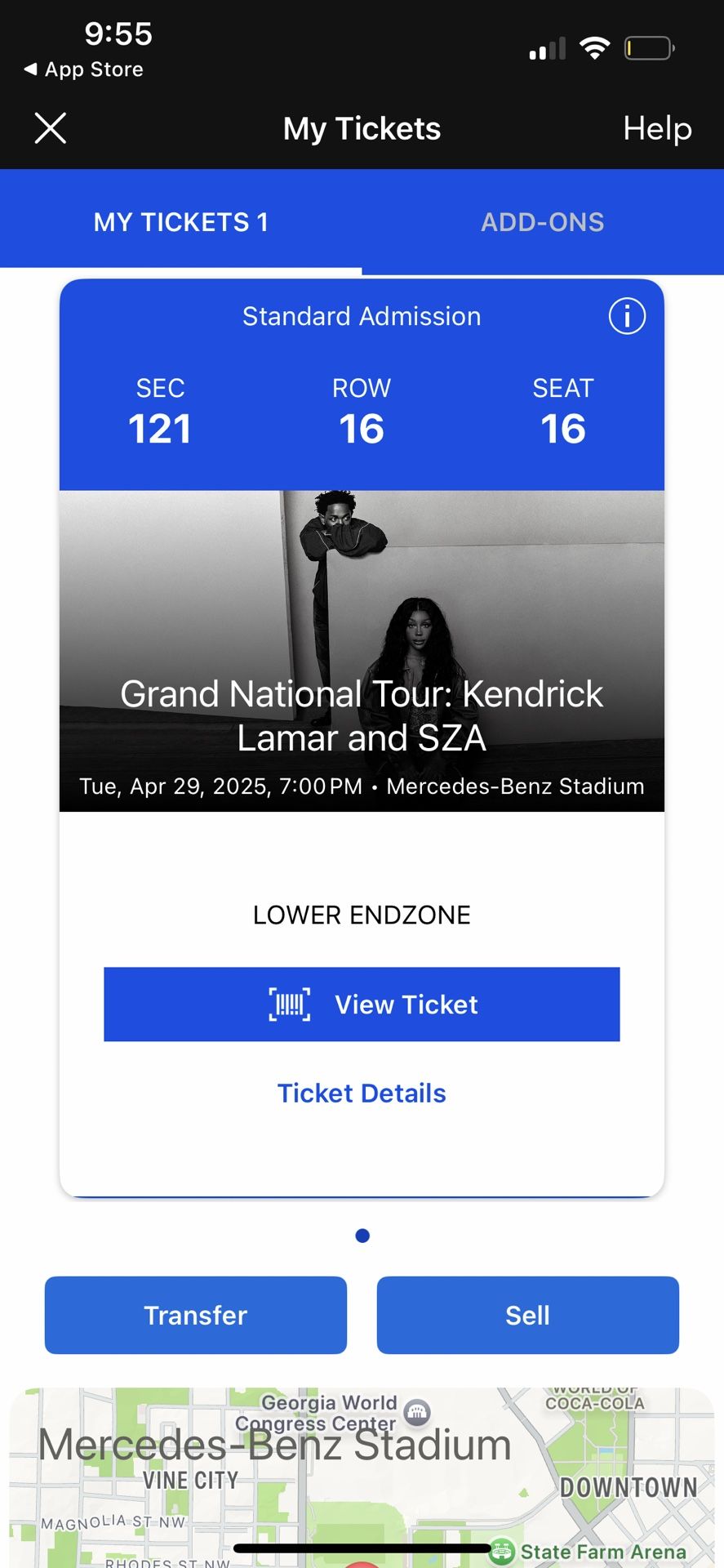 Kendrick concert 4/29 - Section 121 - Row 16 - Seat 16