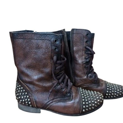 Steve Madden Combat Boots Womens 8 Brown Leather Studs Spike Tarnney Biker Boot