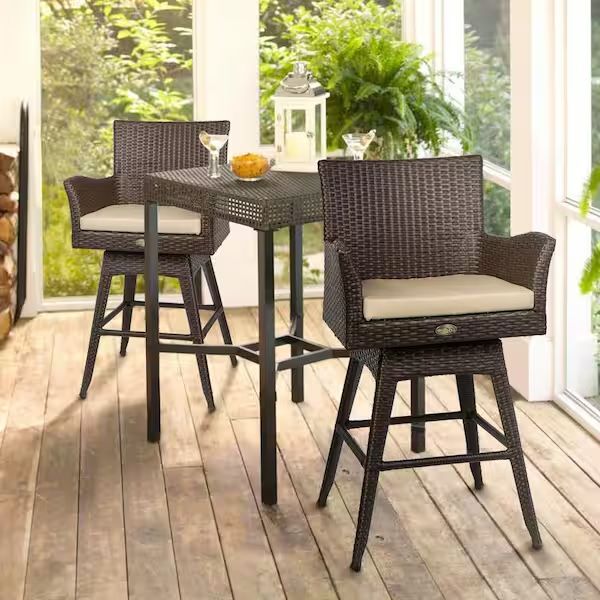 Set 2 X Rattan Brown Crawford Swivel Wicker Indoor Outdoor Bar Stool Patio Set Chair Seats Sunbrella Ivory Cushions