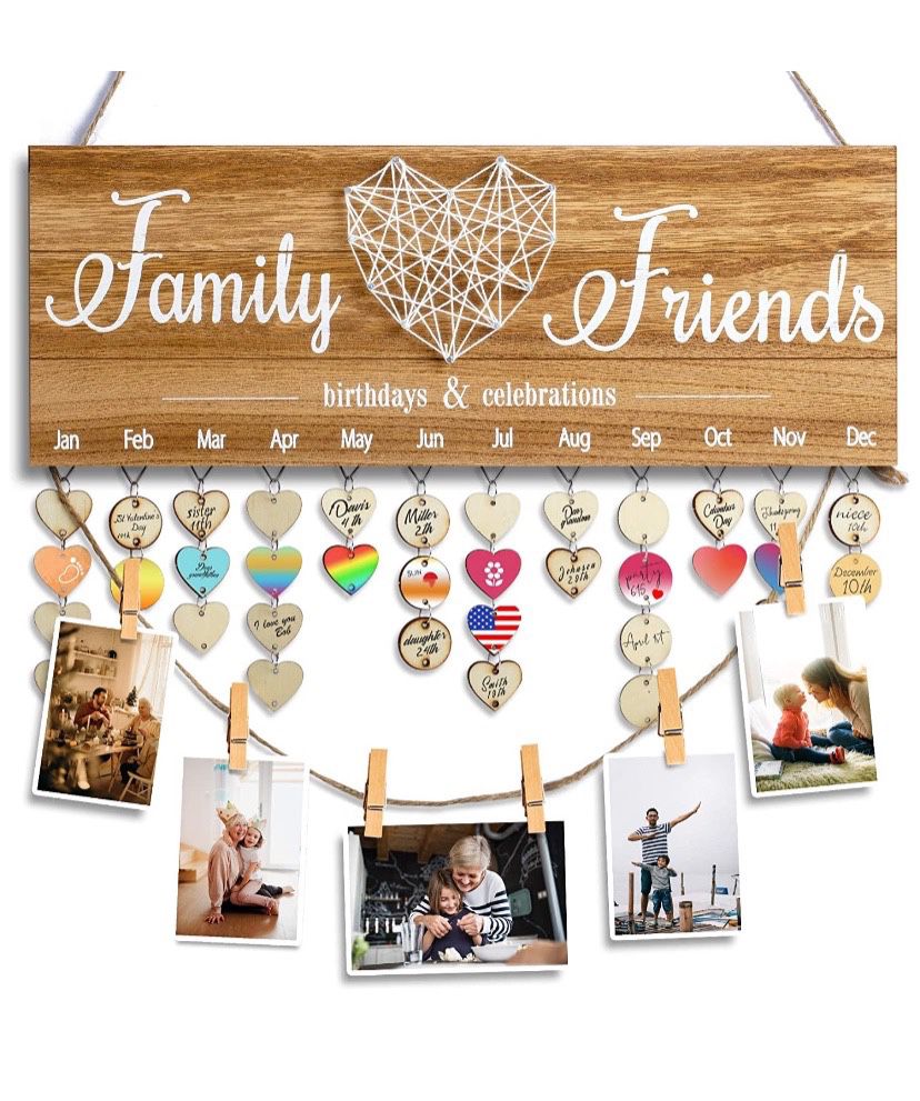 Gifts for Mom Grandma Friends-Wooden Birthday Reminder Calendar Board, Birthday Tracker Plaque with Tags, Picture Hanging Clips and Twine, Presents fo