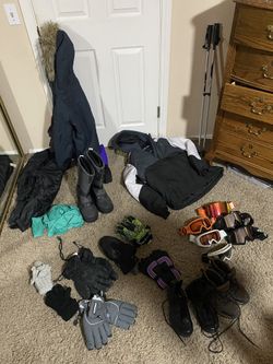 Assorted Ski Snowboard And Winter Gear Clothes Boots Goggles Poles