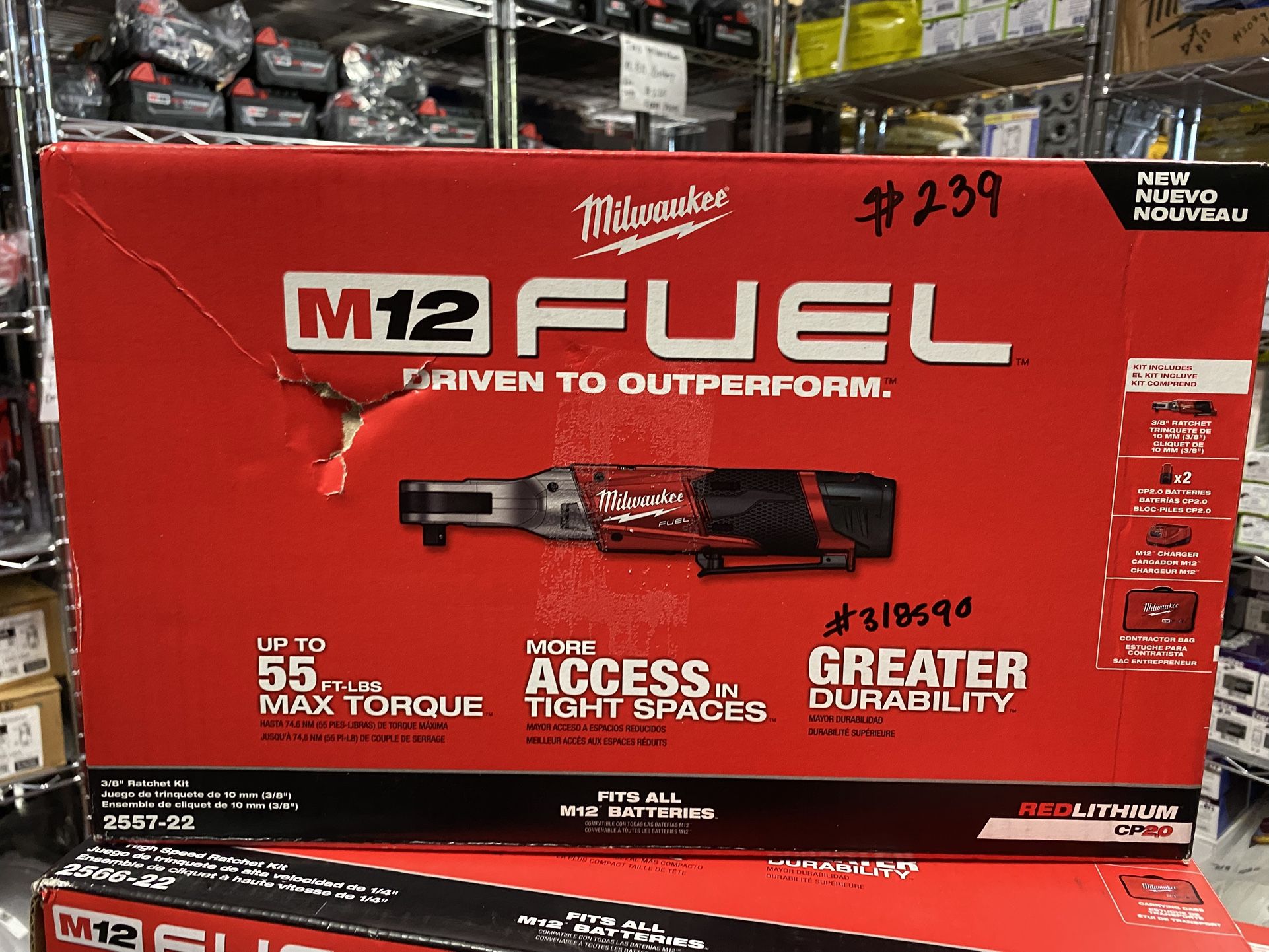 Milwaukee M12 FUEL 12V Lithium-Ion Brushless Cordless 3/8 in. Ratchet Kit with (2) 2.0Ah Batteries, Charger & Tool Bag