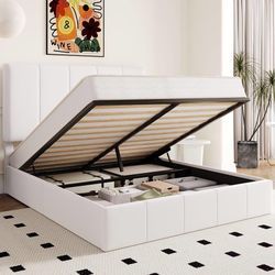 Full Size Velvet Lift Up Hydrualic Storage Bed Frame, White Vertical Channel Tufted Headboard, Hydrualic Underneath Storage, Upholstered Platform Bed,