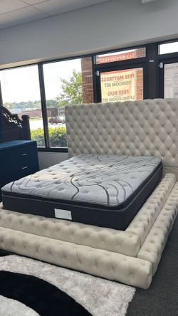 Elegant button-tufted platform bed blends seamlessly w/modern & traditional.