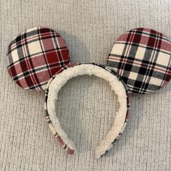 Disney Parks Ears Mickey Mouse JOY Holiday Plaid Sherpa Christmas Ear Headband
