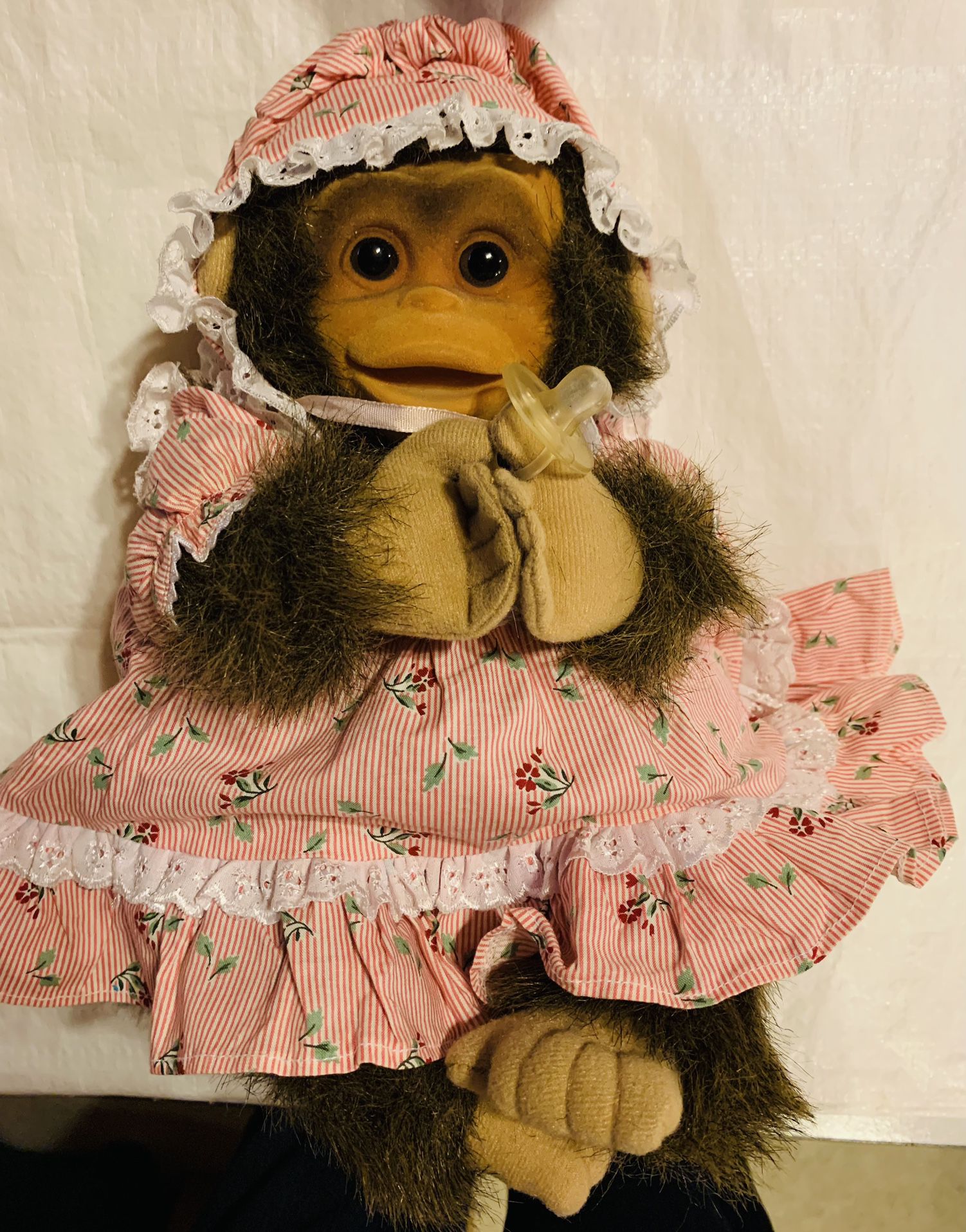 Vintage 1994 Hosung Girl Monkey Hand Puppet Plush Toy w/Squeaker 15"