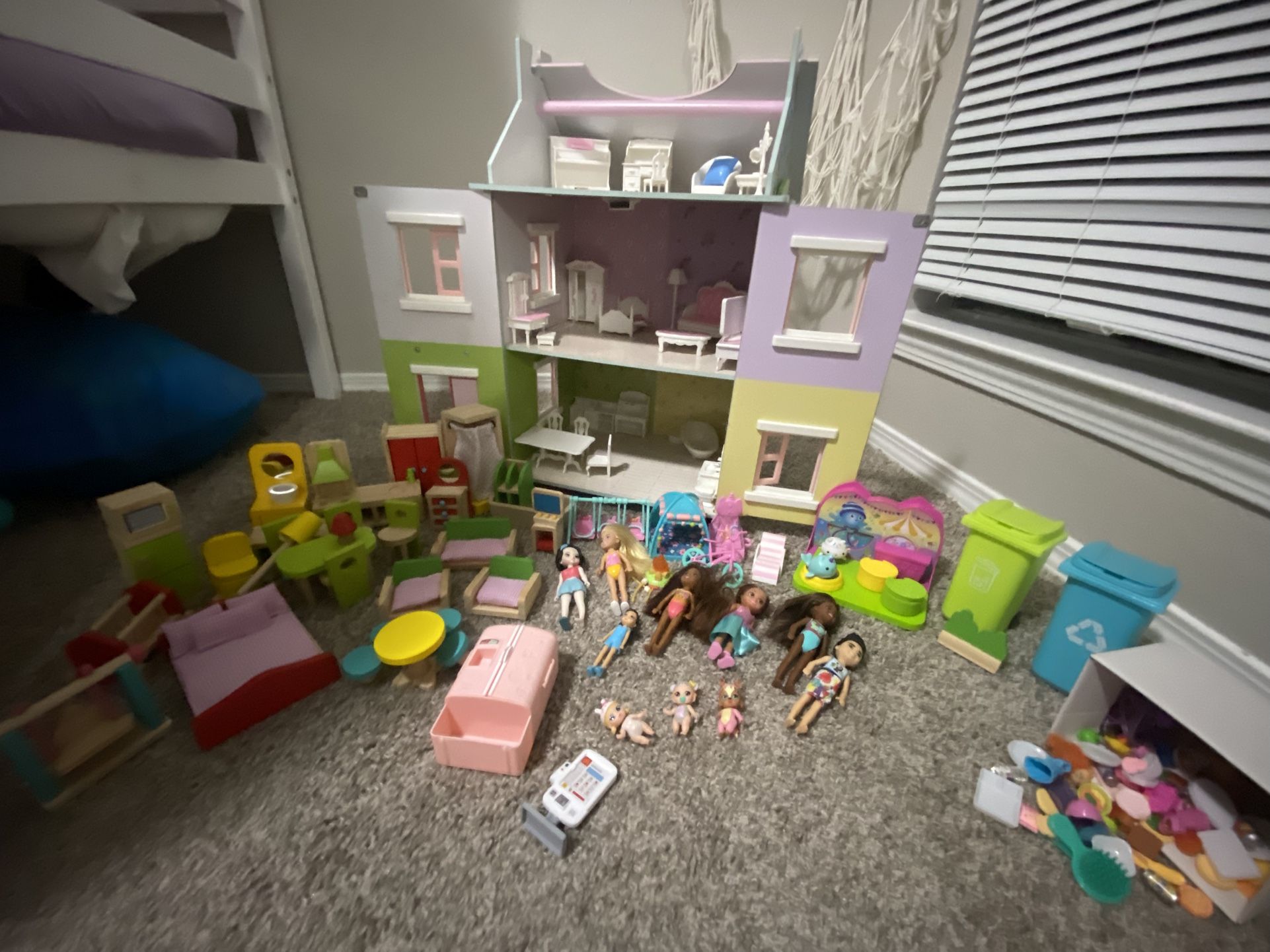 Wooden Dollhouse + Furniture + Dolls + Accessories Bundle