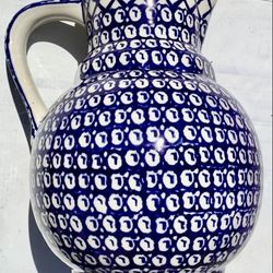 Boleslawiec Handmade 9.5 Inch Tall Blue and White Pitcher. Base is 4.25" wide