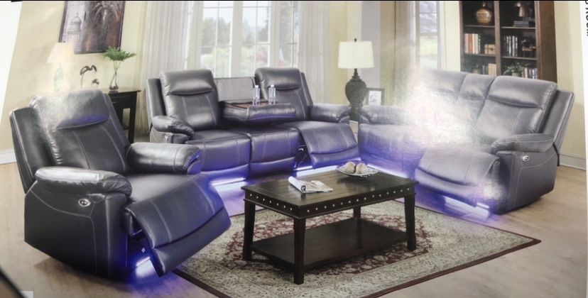 Dark Grey Leather Power Everything Reclining Couch Set