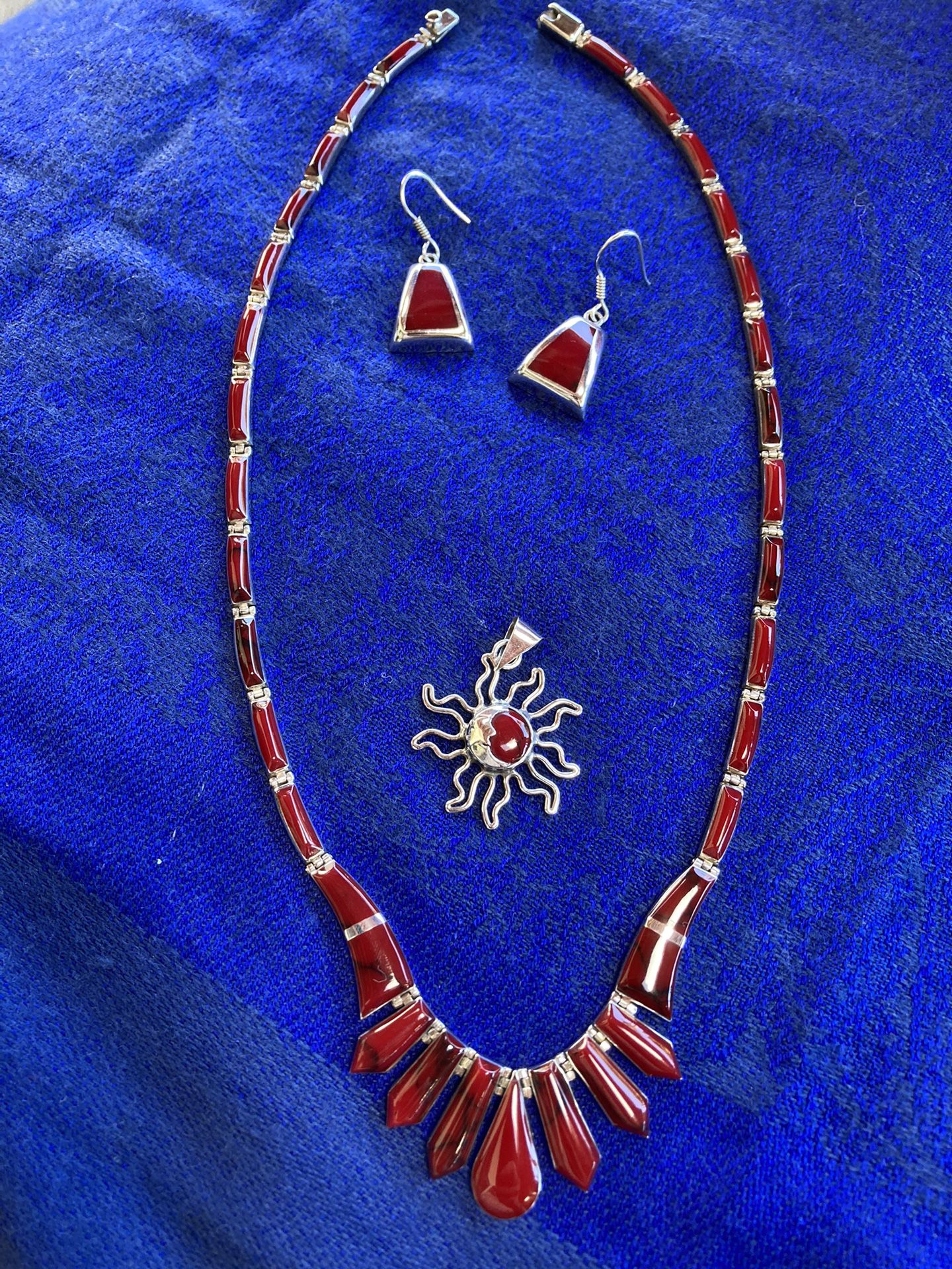  Taxco 925 Silver Jasper Red Necklace, Earrings and Pendant