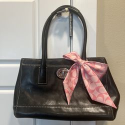 COACH Vintage Hampton Carryall Black Leather Purse Shoulder Bag Satchel Tote Pink Scarf