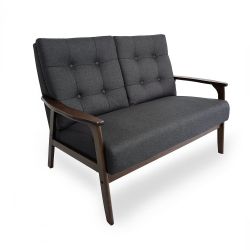 Tufted Loveseat with Button Detailing, Charcoal Gray Fabric, Rubberwood Legs, Elegant Waffle Stitching