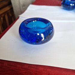 Set Of 3 IKEA Hand blown Blue Round Controlled Bubble Glass Votive Candle Holder