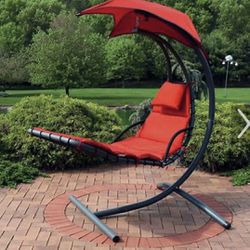  Outdoor Hanging Chaise Floating Lounge Chair with Canopy Umbrella and Arc Stand