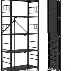 Storage Shelves with 20Hooks, 5-Tier Collapsible Organization Storage Rack Bookshelf Folding shelves