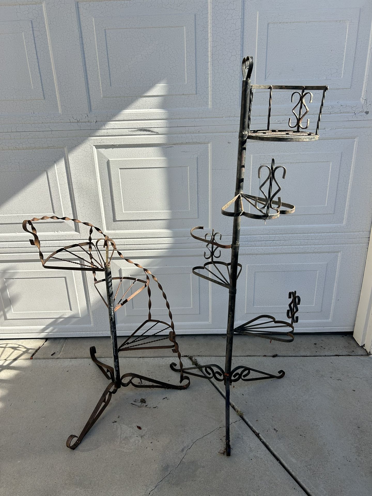 Vintage Lot Of 2 Spiral Staircase Floor Plant Stands Both Rusty Mid Century Garden Decor Weathered Planter Pot Holders Collectibles Flowers Succulents