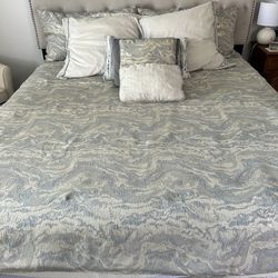 California king bed, mattress, comforter set, upholstered, headboard, frame, quilted pad, sheets