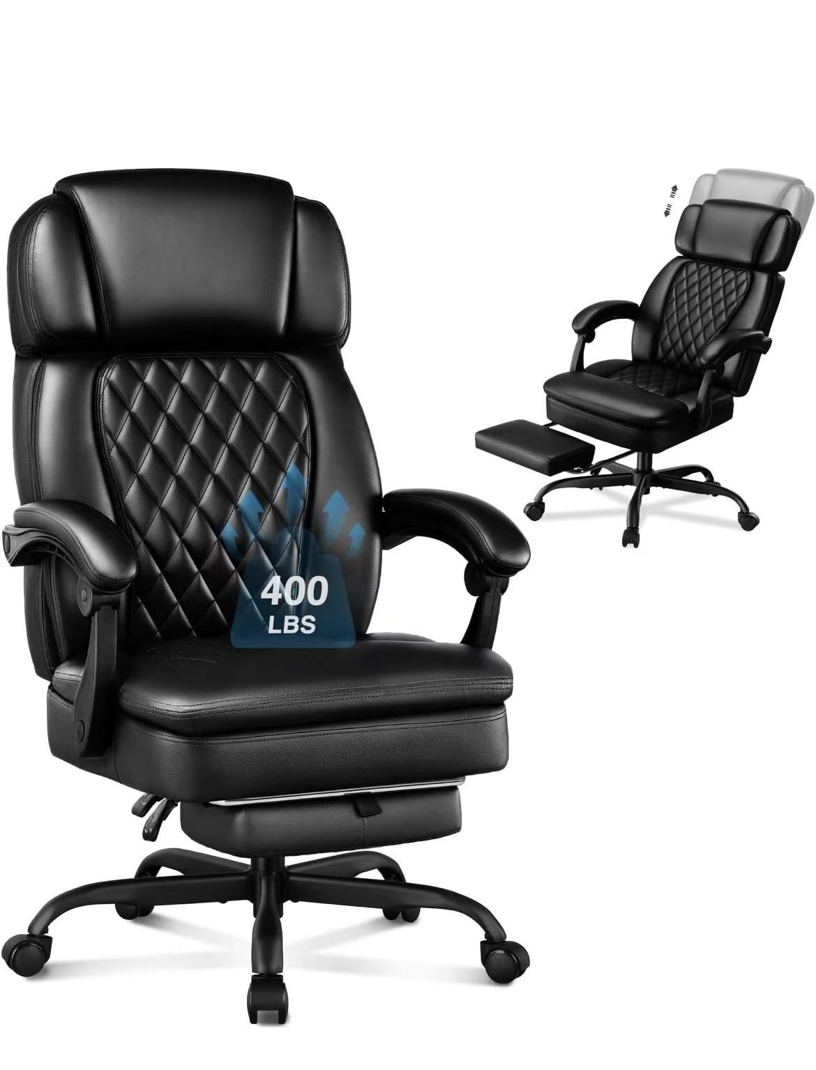 400lbs Executive Office Chair with Foot Rest for Heavy People, Ergonomic Big and Tall Desk Chair with Adjustable Headrest, High Back PU Leather Comfy