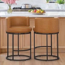 Brown Leather Swivel  Barstool  Set Of 2 