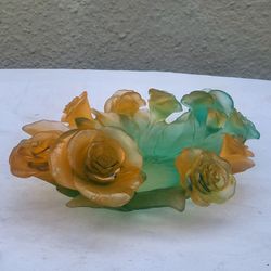 DAUM Pate De Verre Glass Green And Pink Rose Passion Bowl Numbered Edition
