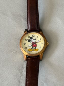 Vintage Disney Mickey mouse watch with genuine brown leather band NEEDS BATTERY