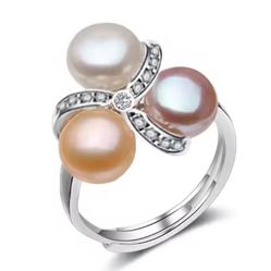 925 Sterling Silver Tri-Pearl White Pink Purple Freshwater Pearl RIng Adjustable 