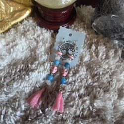 Handmade Pink and Blue Beaded Tassel Earrings