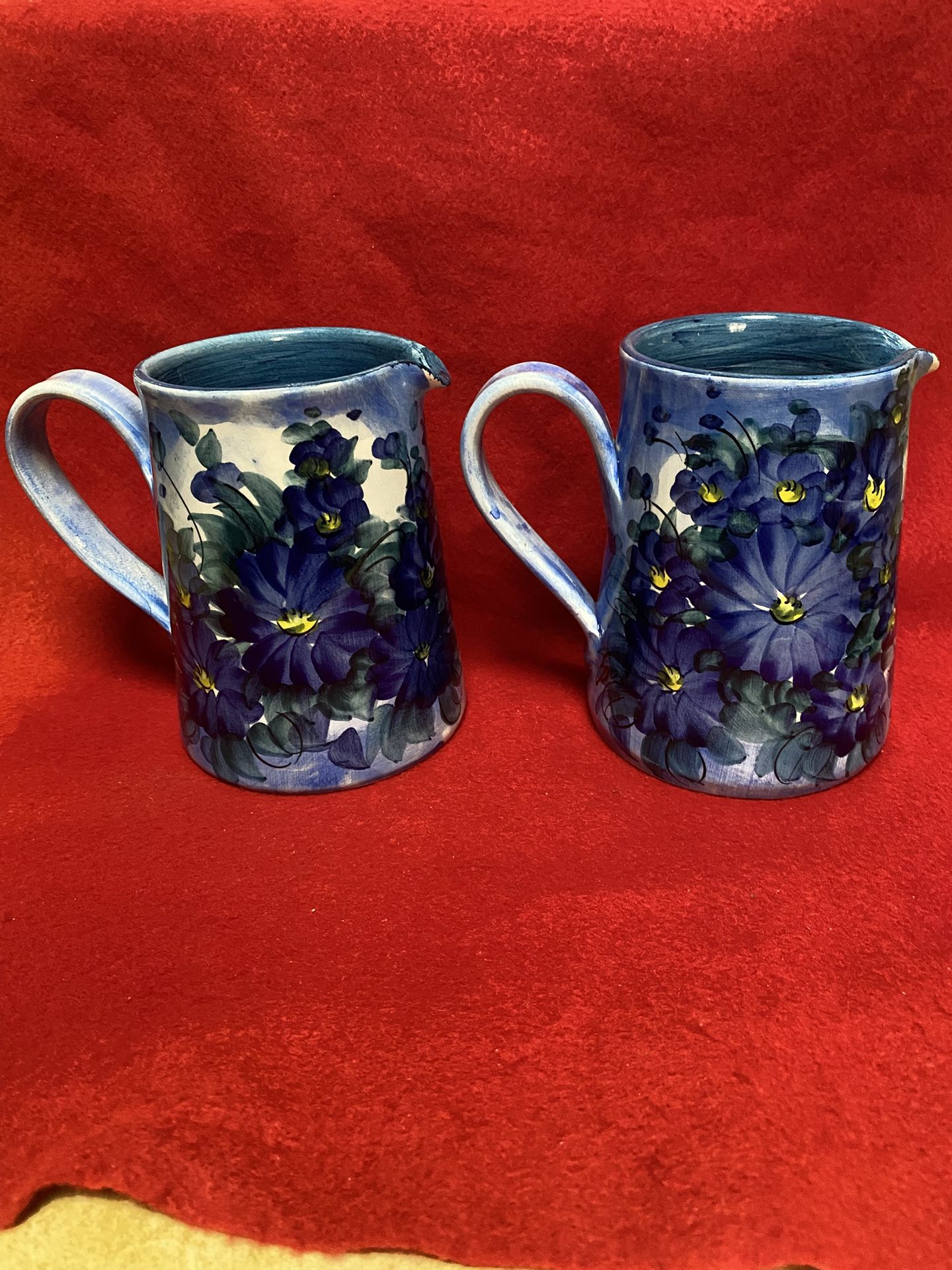 Set of 2 5.25 Inch Handmade Hand Painted Blue Ceramic Greek Floral Design Pitchers Imported From Greece