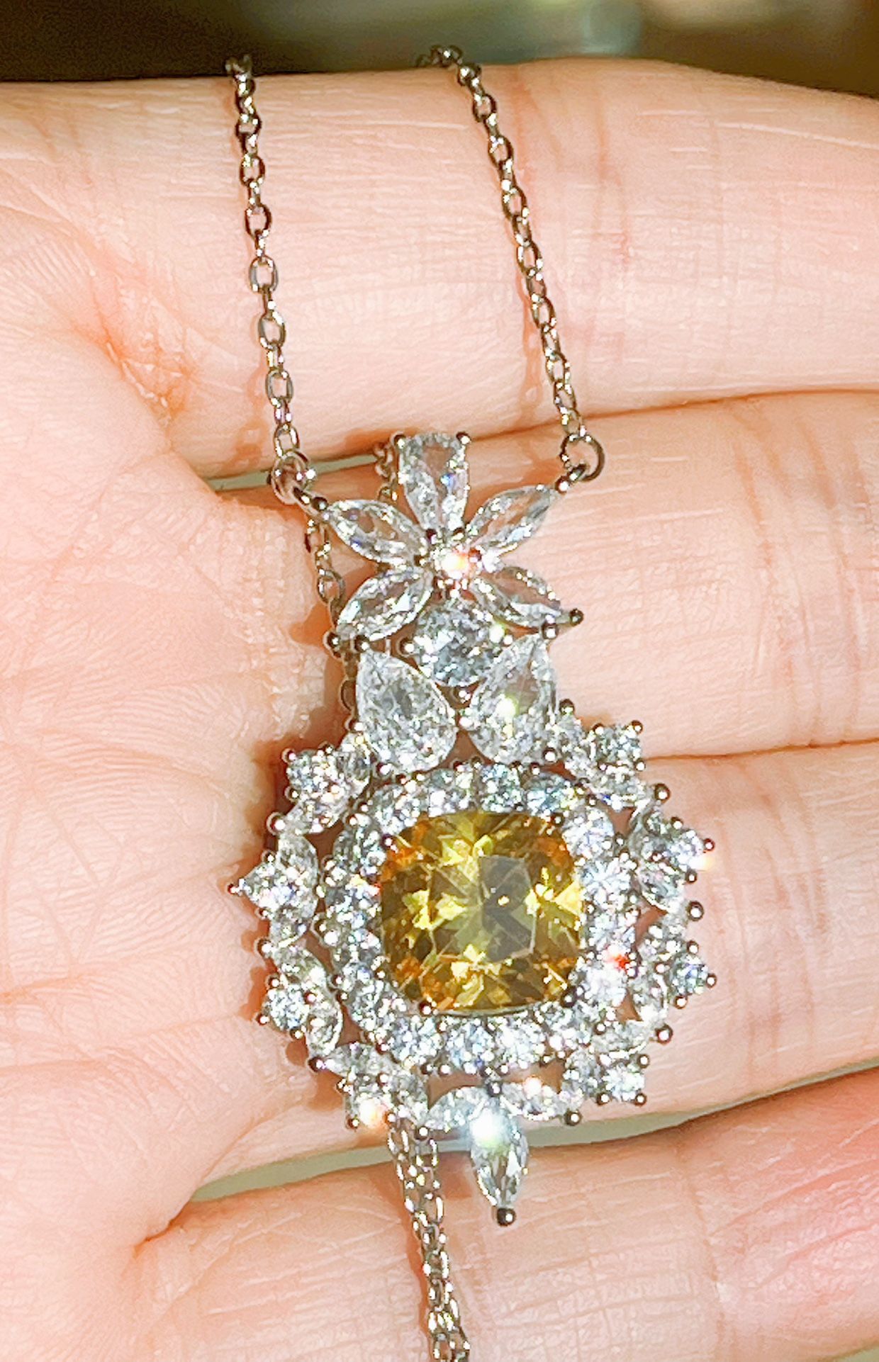 Yellow Diamond Pendant Double Halo/S925 stamped necklace