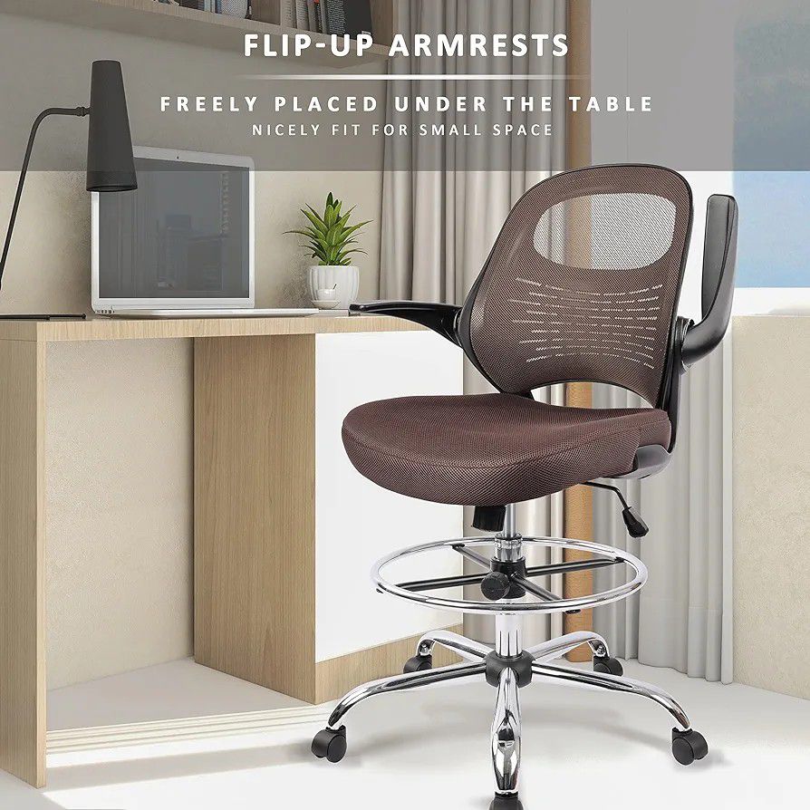 HYLONE Drafting Chair, Tall Office Chair for Standing Desk, Brown Mesh Drafting Desk Chair with Flip-Up Arms, Adjustable Height and Foot Ring

