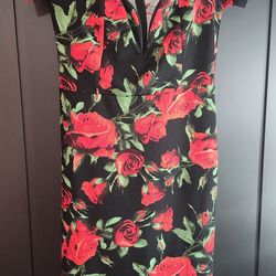 RED ROSE BLACK PENCIL DRESS