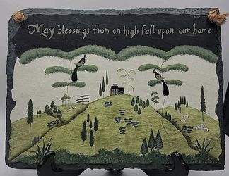 Primitive Plaque Decor Slate Hand Painted Wall Rustic Landscape Blessing