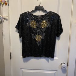 Joseph Le Bon Vintage Silk Sequin Bead Art Drag Blouse Top Paris Silk size medium must pick up 